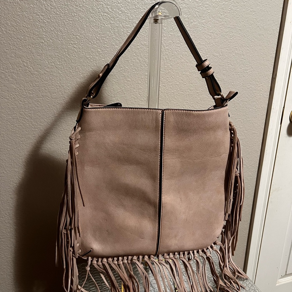 Moda Luxe Blush Pink Fringe Shoulder Bag Faux Leather Boho Chic 2 straps